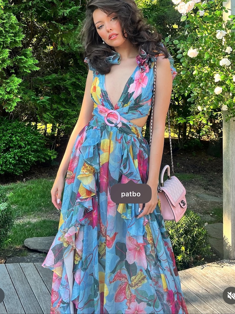 PatBO Blue Multicolor Floral Ruffle Maxi Dress